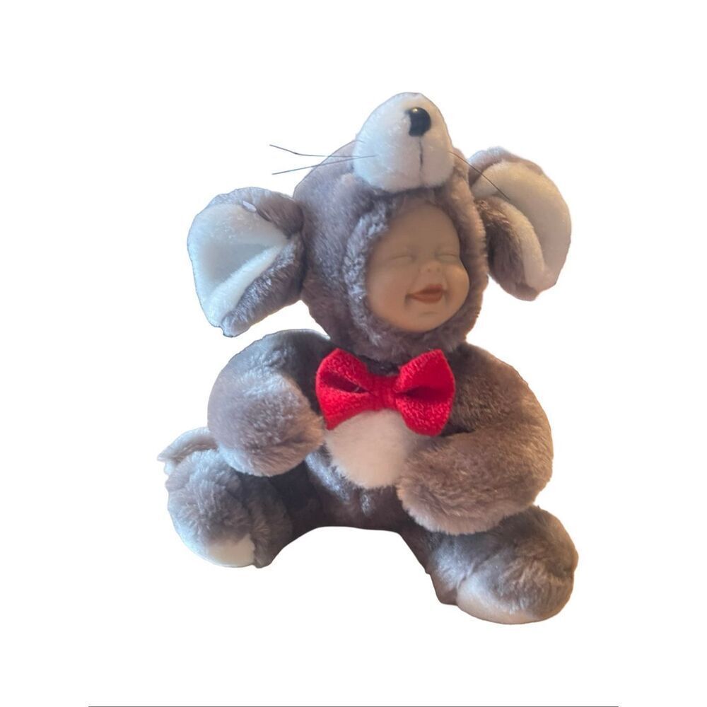 Geppeddo Cuddle Kids Gray White Red Marty Mouse Porcelain Face Plush Doll 9"